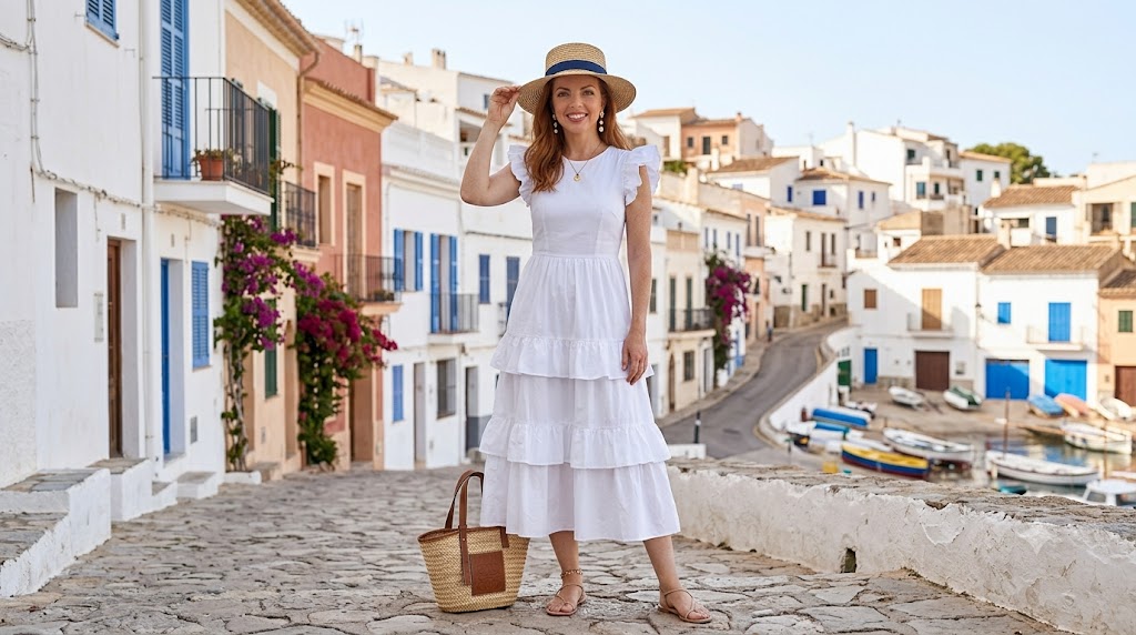 The Straw Boater Hat & Tiered Ruffle Midi Dress